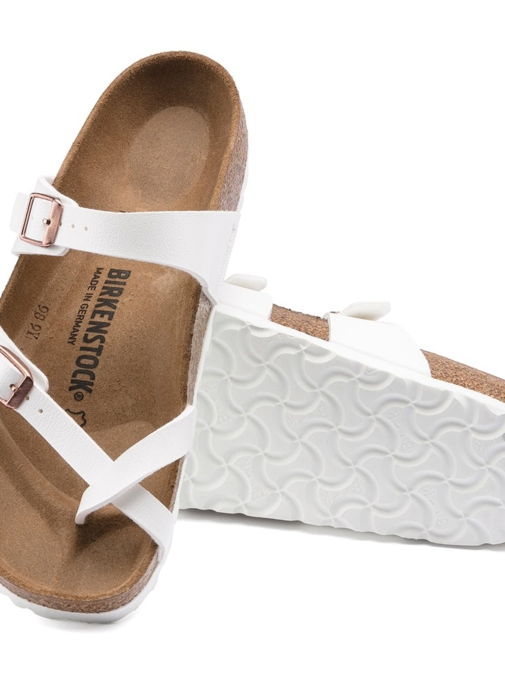 Birkenstock Mayari Women’s White Two-Strap Sandals with Rose Gold Buckles - Picture 2 of 11